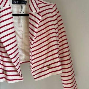 Zara Cream and Red Striped Cropped Blazer